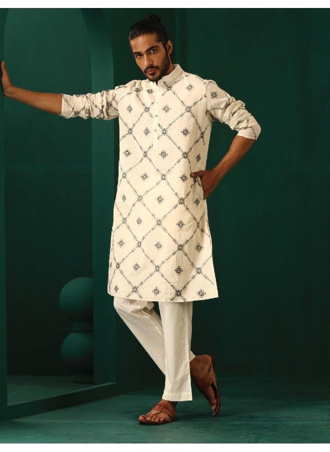 Men's Ivory Rhombus Cotton Kurta