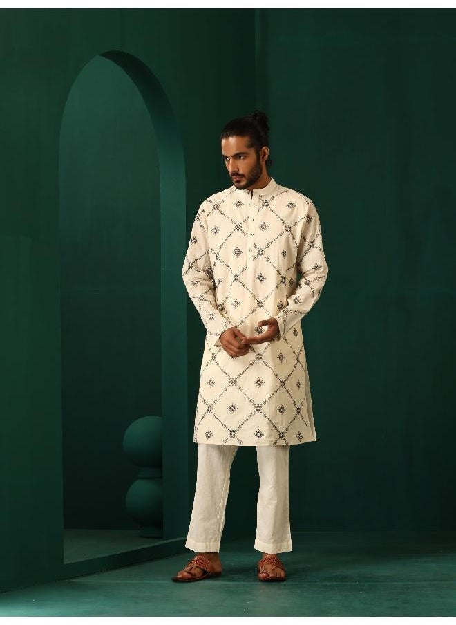 Men's Ivory Rhombus Cotton Kurta