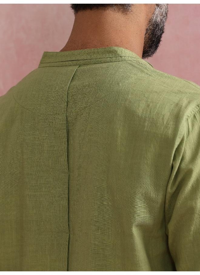 Men's Pista Green Cotton Mandarin Collar Stylized Kurta