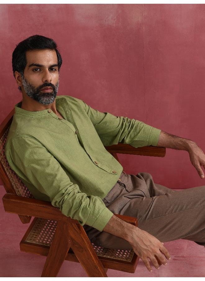 Men's Pista Green Cotton Mandarin Collar Stylized Kurta
