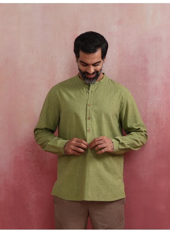 Men's Pista Green Cotton Mandarin Collar Stylized Kurta