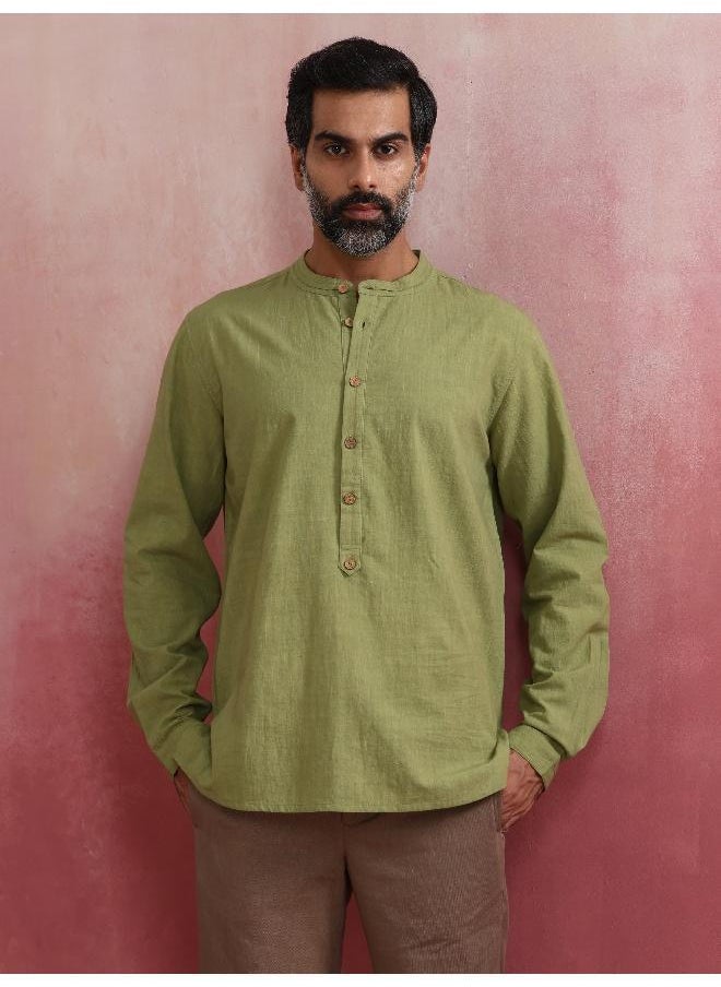 Men's Pista Green Cotton Mandarin Collar Stylized Kurta