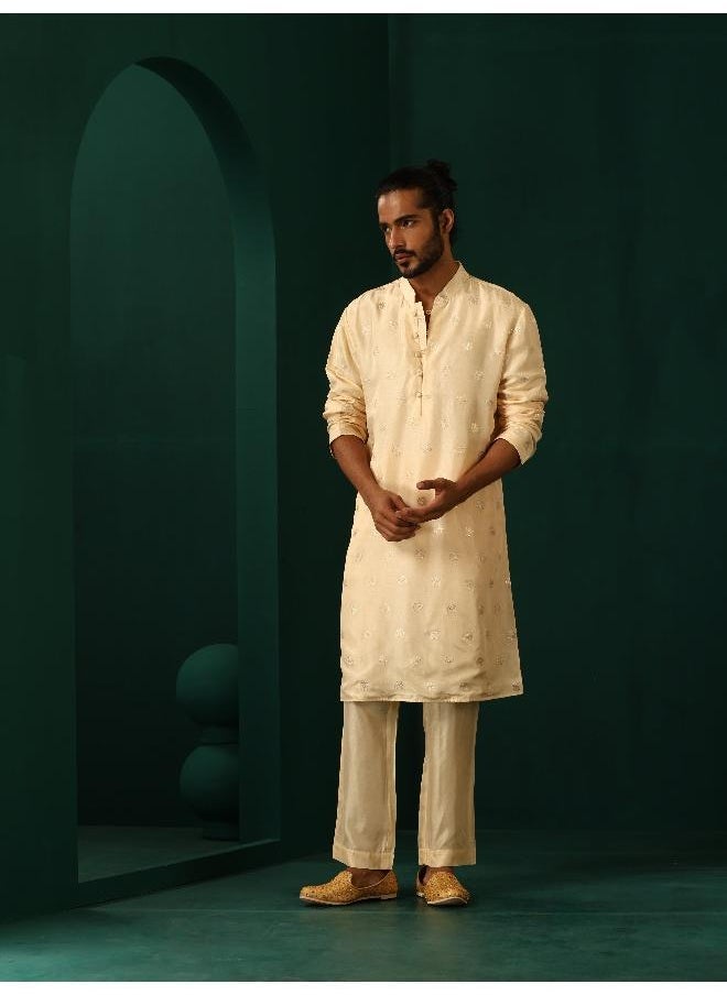 Men's Ivory Geometric Floral Viscose Silk Long Kurta