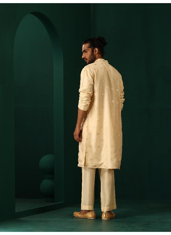 Men's Ivory Geometric Floral Viscose Silk Long Kurta