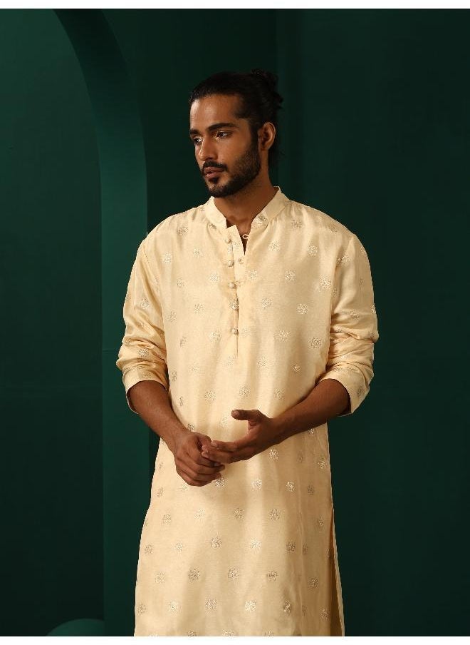 Men's Ivory Geometric Floral Viscose Silk Long Kurta