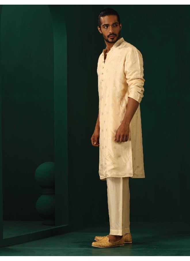 Men's Ivory Geometric Floral Viscose Silk Long Kurta