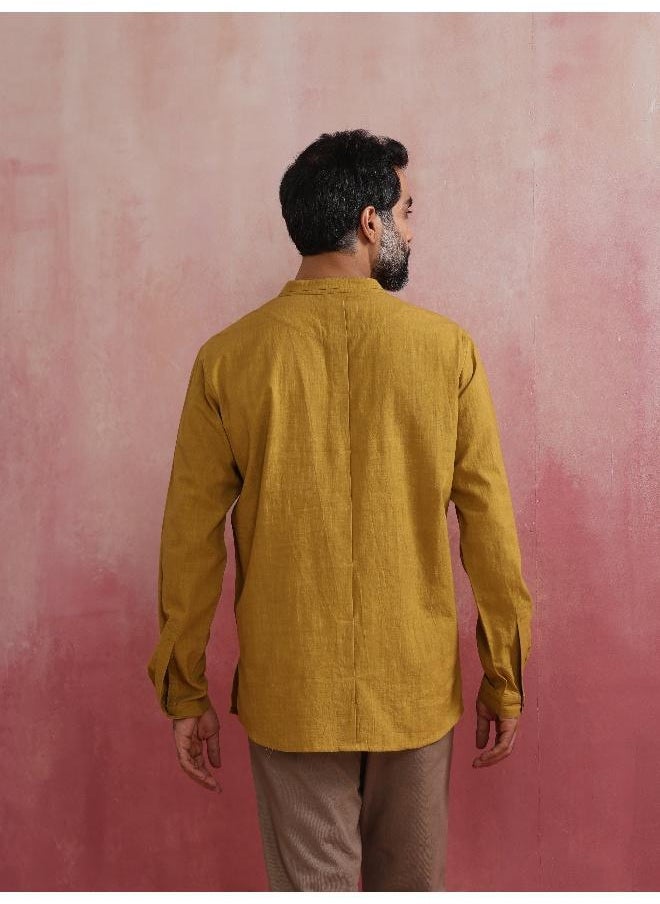 Men's Mustard Cotton Mandarin Collar Stylized Kurta