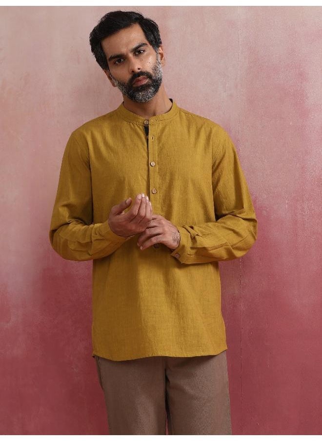 Men's Mustard Cotton Mandarin Collar Stylized Kurta