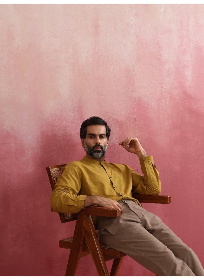 Men's Mustard Cotton Mandarin Collar Stylized Kurta