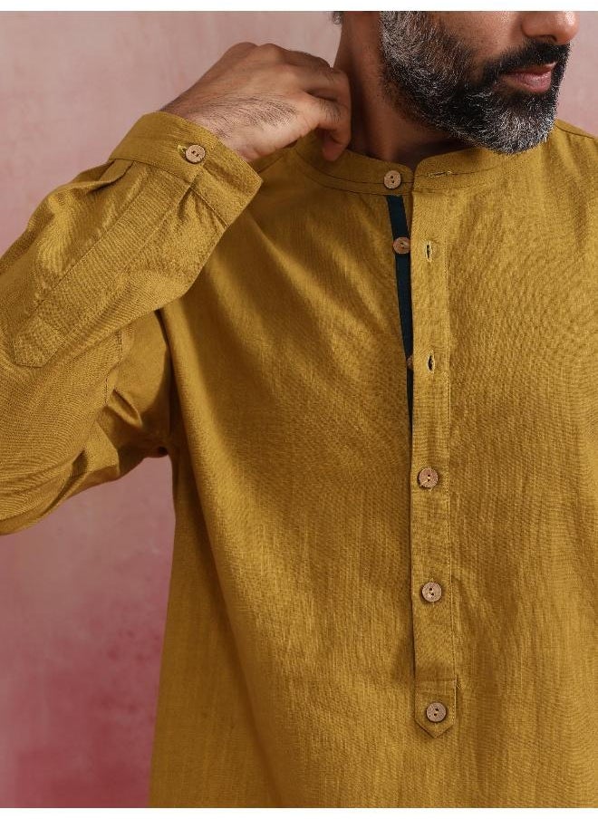 Men's Mustard Cotton Mandarin Collar Stylized Kurta