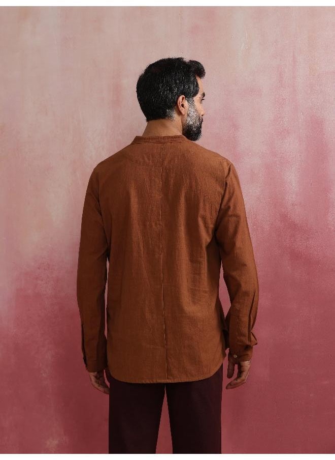Men's Brown Cotton Mandarin Collar Stylized Kurta