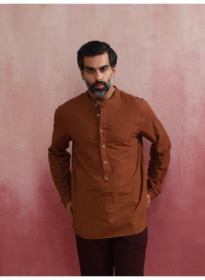 Men's Brown Cotton Mandarin Collar Stylized Kurta