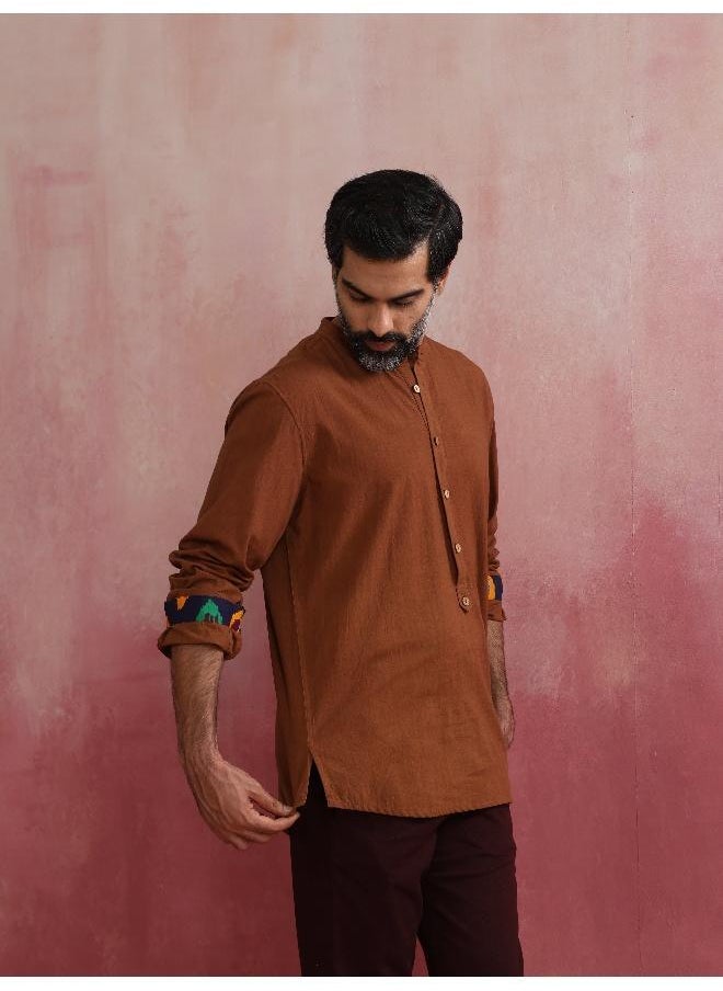 Men's Brown Cotton Mandarin Collar Stylized Kurta