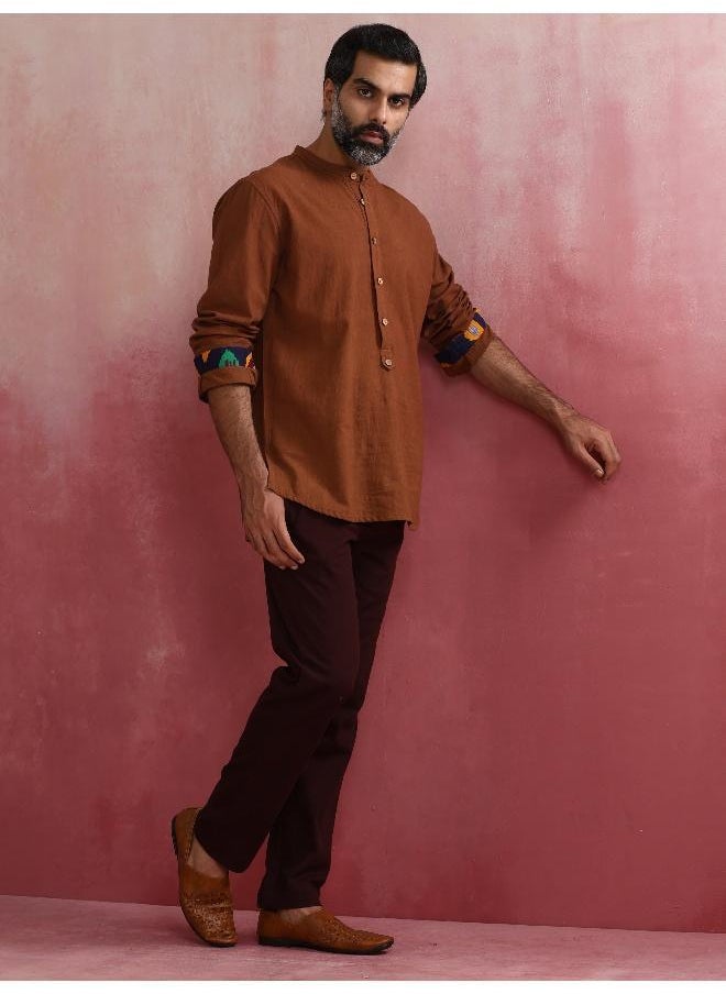 Men's Brown Cotton Mandarin Collar Stylized Kurta