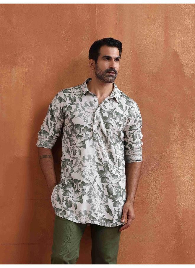 Men's Off White Printed Short Kurta