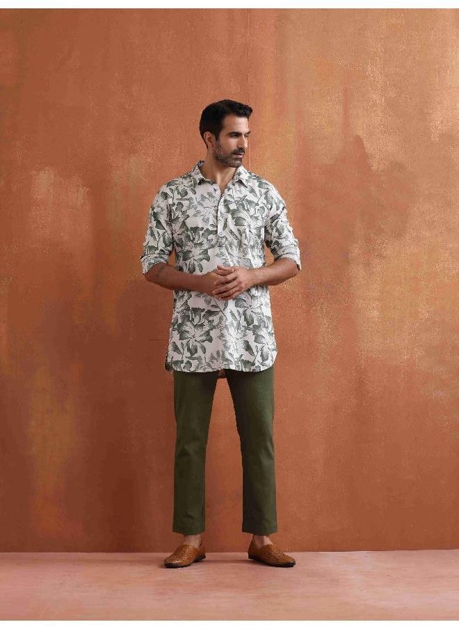 Men's Off White Printed Short Kurta