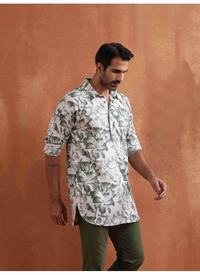 Men's Off White Printed Short Kurta