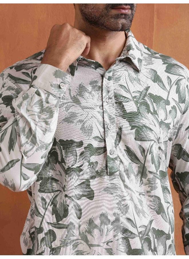 Men's Off White Printed Short Kurta