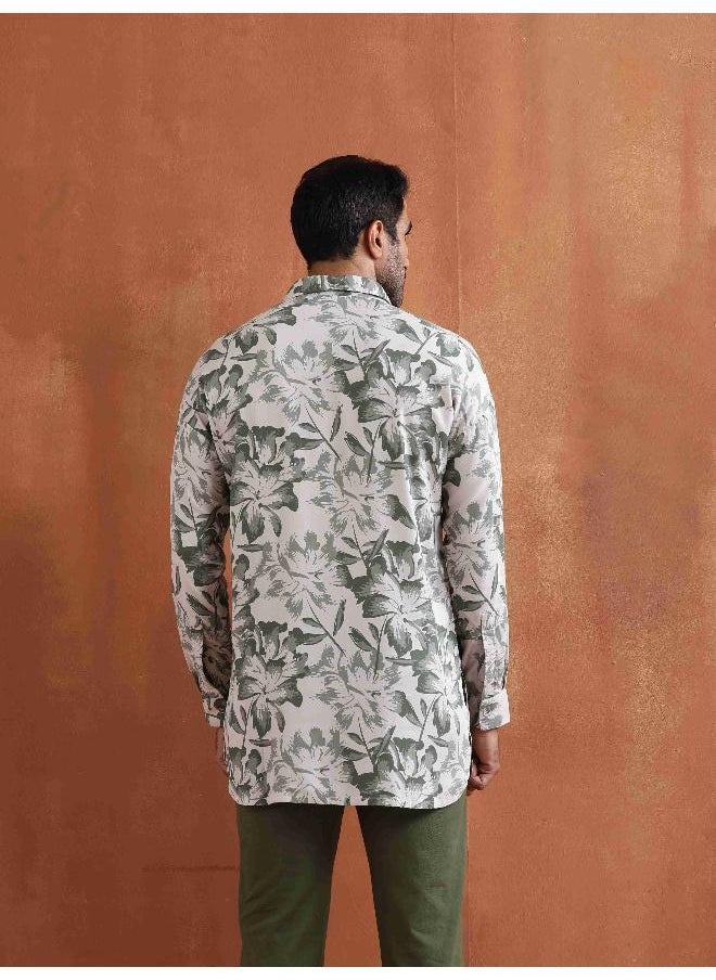 Men's Off White Printed Short Kurta