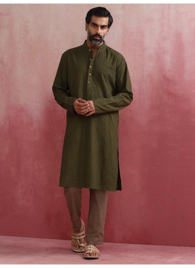Men's Olive green Mandarin Collar Kurta