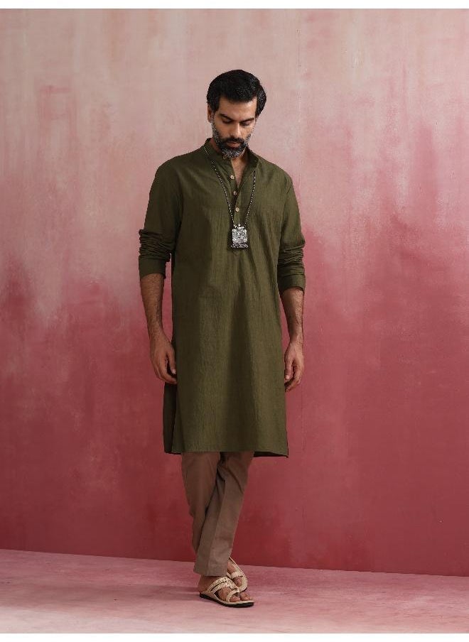 Men's Olive green Mandarin Collar Kurta