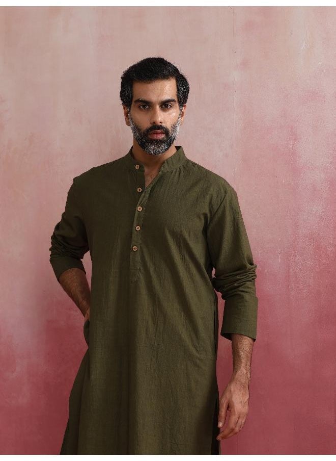Men's Olive green Mandarin Collar Kurta