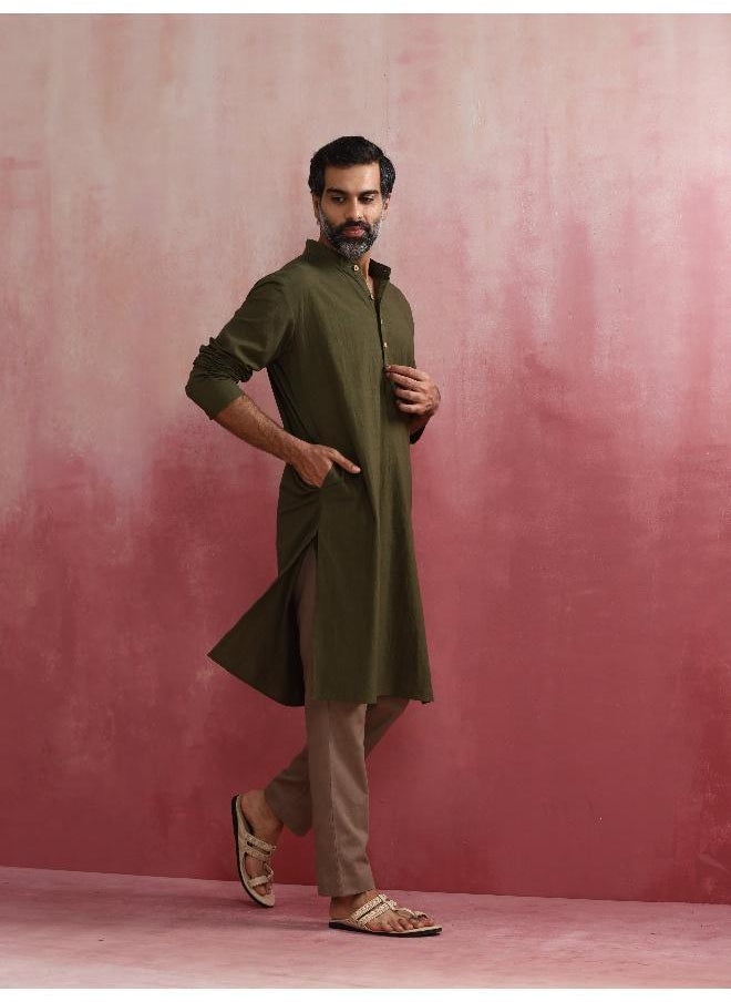 Men's Olive green Mandarin Collar Kurta