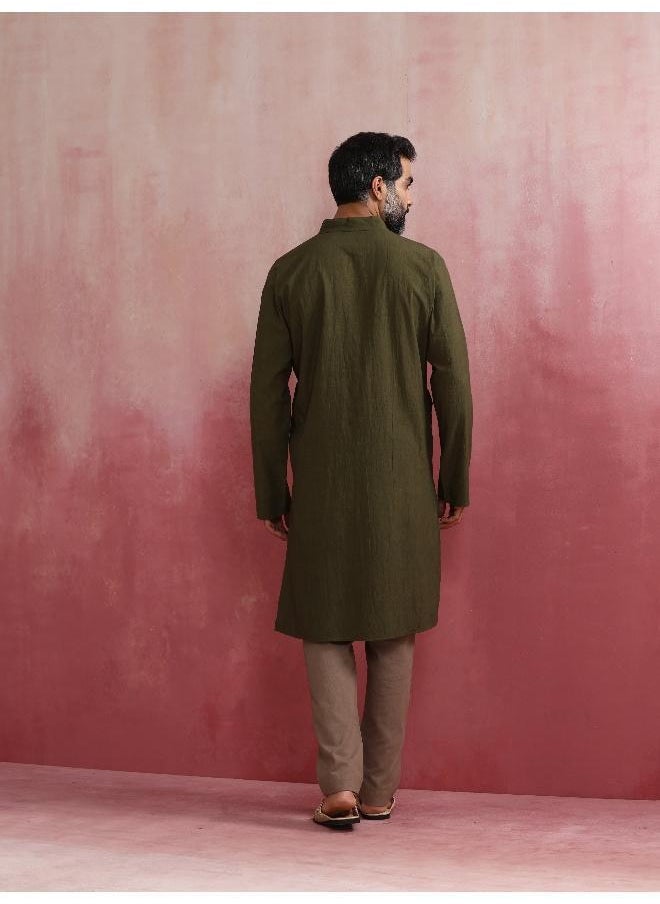 Men's Olive green Mandarin Collar Kurta