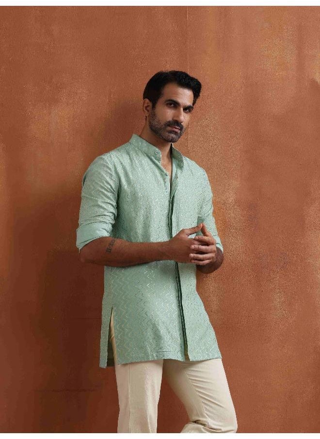 Men's Green Cotton Dobby Front Open Short Kurta