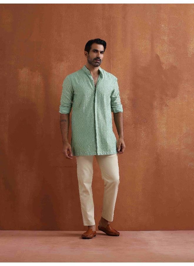 Men's Green Cotton Dobby Front Open Short Kurta
