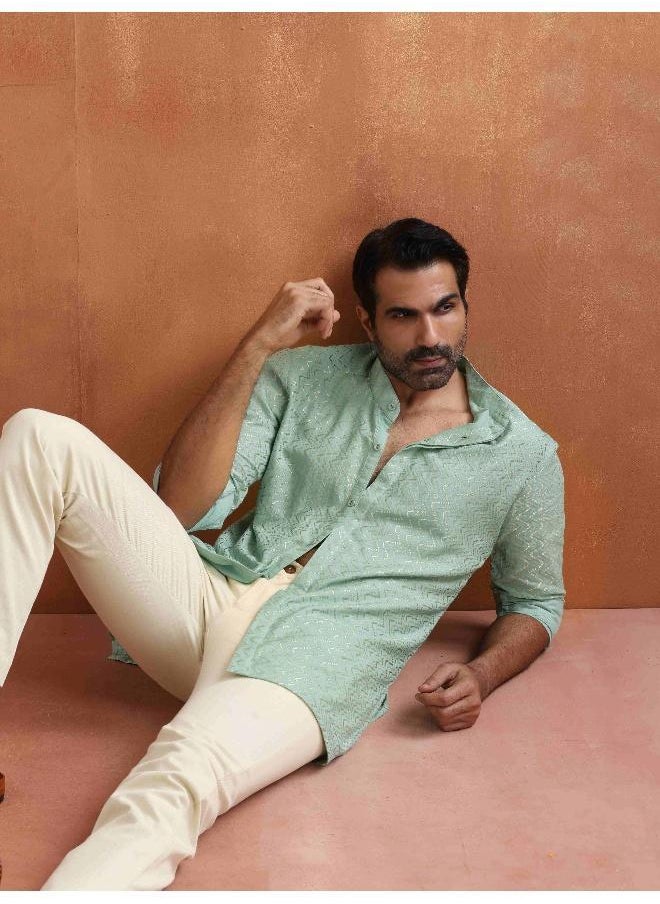 Men's Green Cotton Dobby Front Open Short Kurta