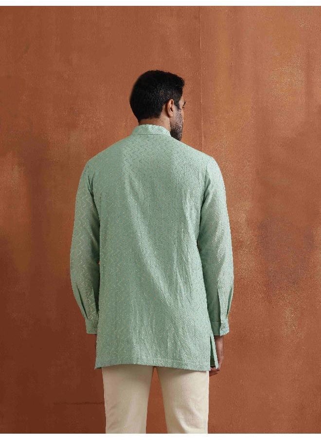 Men's Green Cotton Dobby Front Open Short Kurta