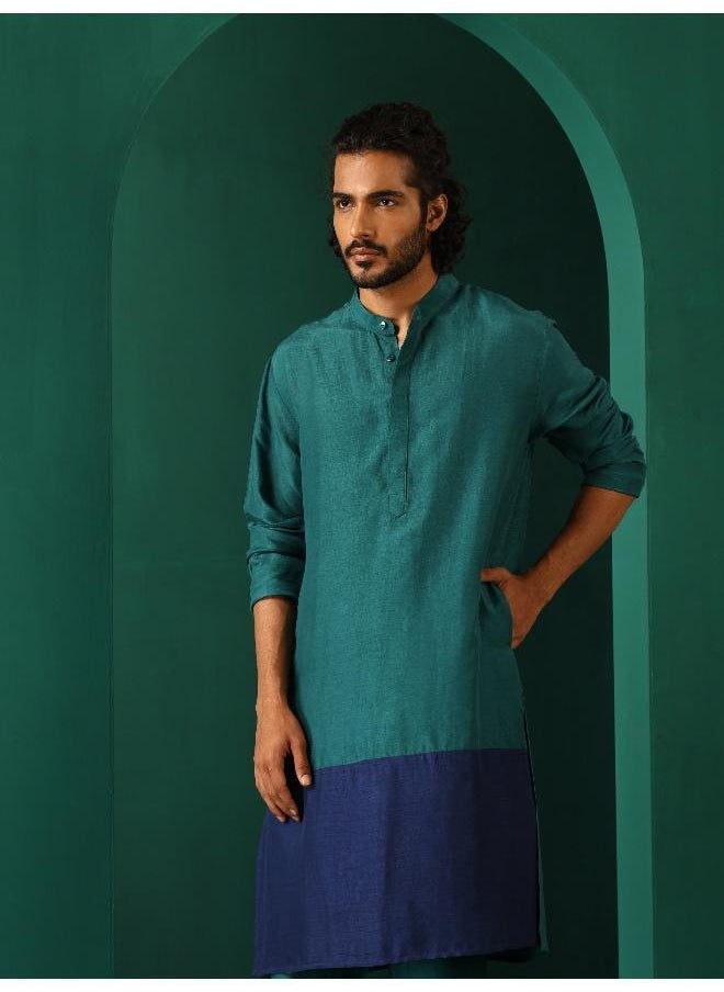 Men's Blue Color Block Silk Long Kurta