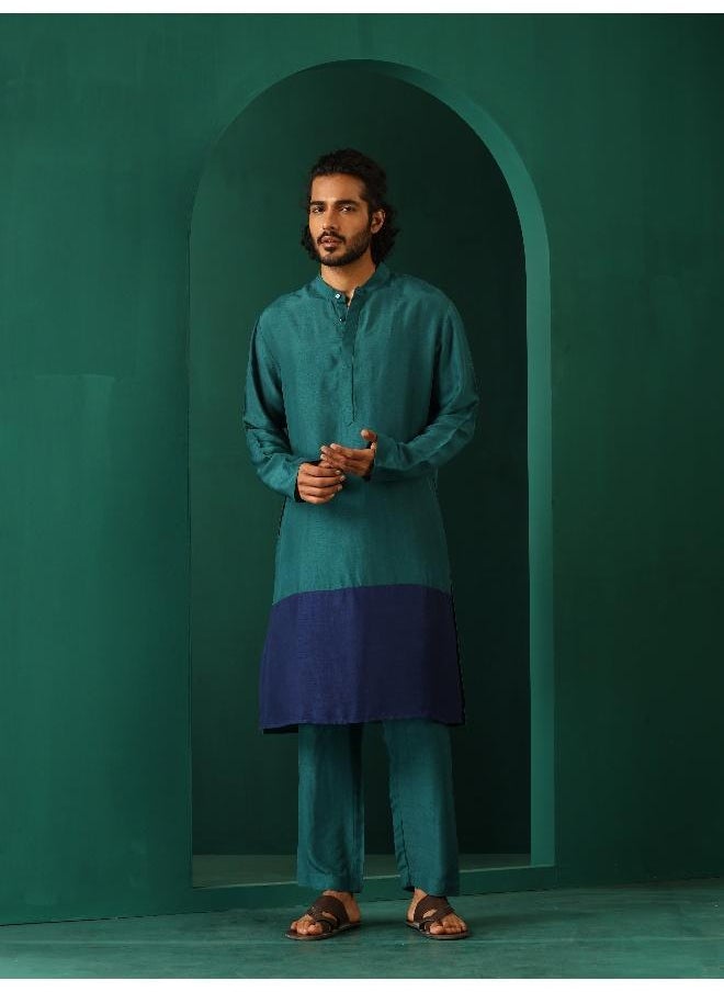 Men's Blue Color Block Silk Long Kurta