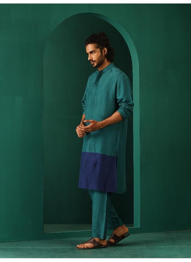 Men's Blue Color Block Silk Long Kurta