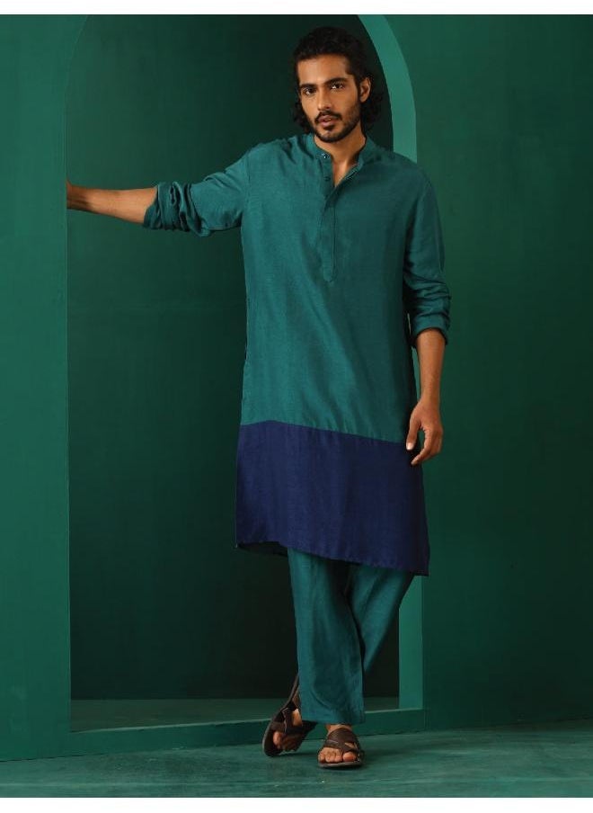 Men's Blue Color Block Silk Long Kurta