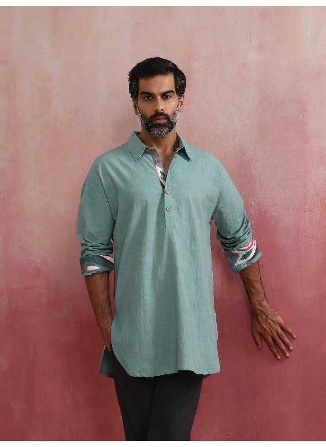 Men's  Aqua Blue Cotton Shirt Collar Stylized Kurta