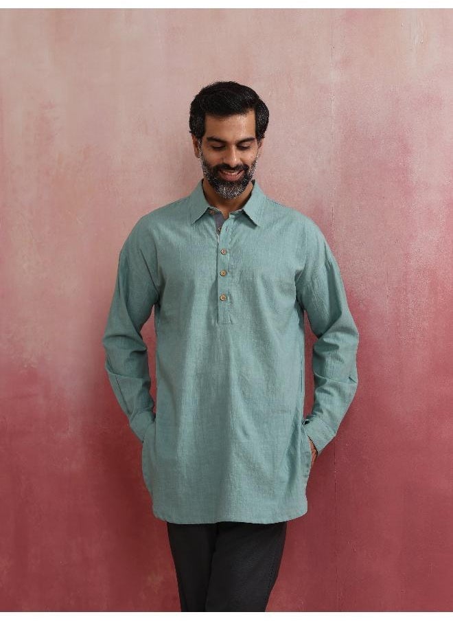 Men's  Aqua Blue Cotton Shirt Collar Stylized Kurta