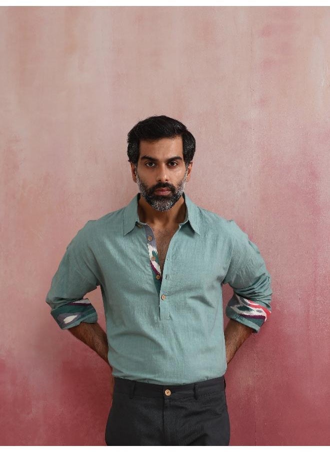 Men's  Aqua Blue Cotton Shirt Collar Stylized Kurta