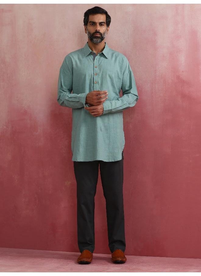 Men's  Aqua Blue Cotton Shirt Collar Stylized Kurta