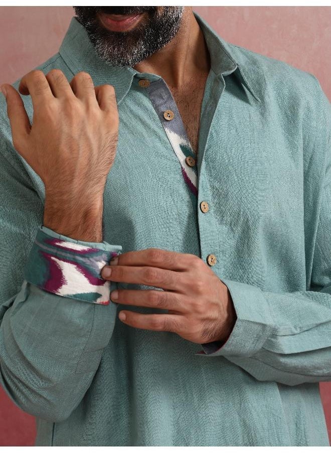 Men's  Aqua Blue Cotton Shirt Collar Stylized Kurta