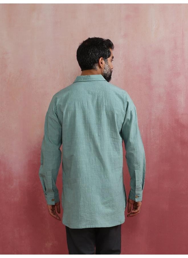 Men's  Aqua Blue Cotton Shirt Collar Stylized Kurta
