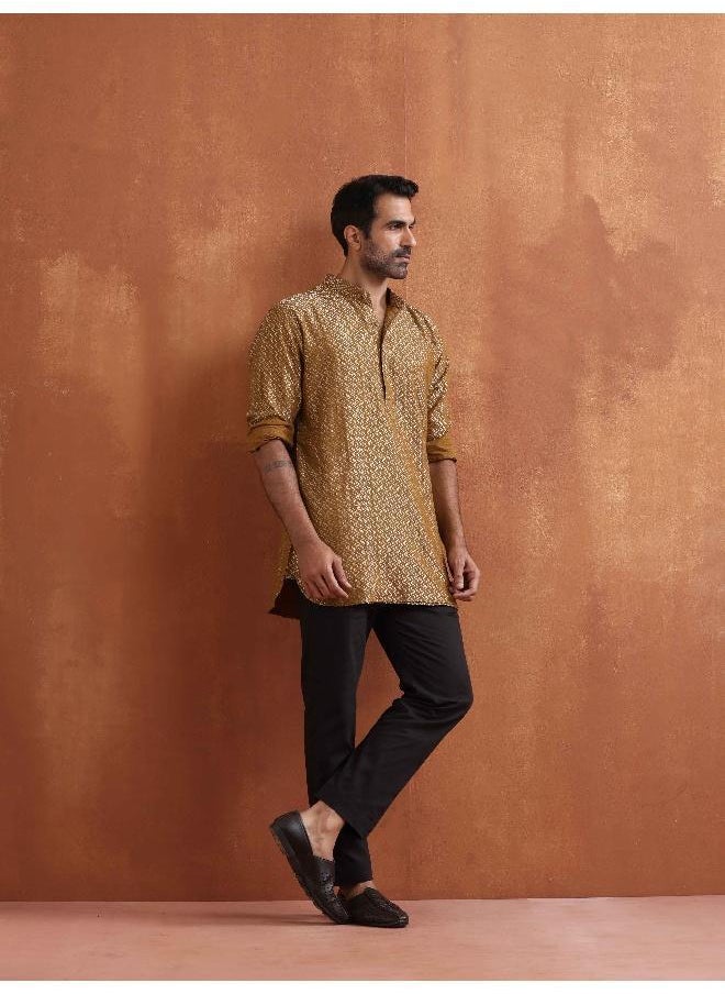 Men's Mustard Cotton Dobby Short Kurta