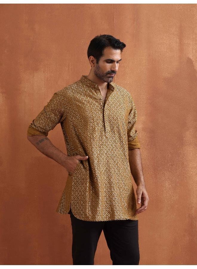 Men's Mustard Cotton Dobby Short Kurta