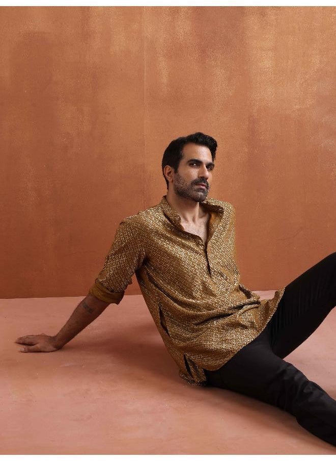 Men's Mustard Cotton Dobby Short Kurta