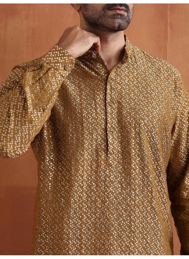 Men's Mustard Cotton Dobby Short Kurta