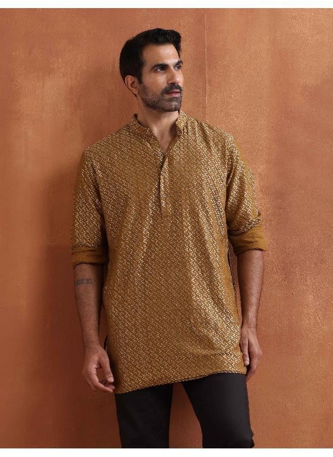 Men's Mustard Cotton Dobby Short Kurta