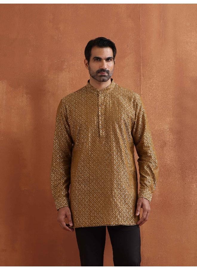 Men's Mustard Cotton Dobby Short Kurta