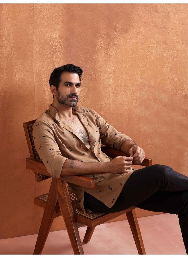 Men's Brown Printed Short Kurta