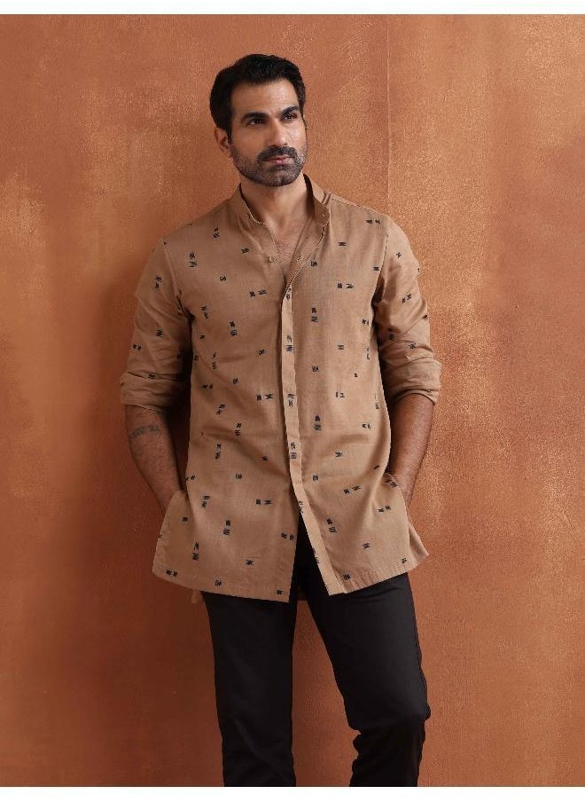 Men's Brown Printed Short Kurta